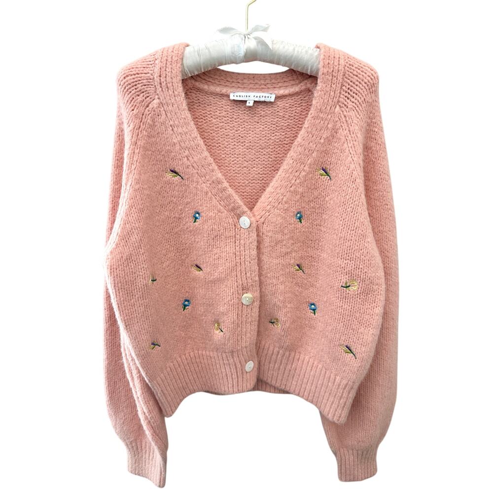 ENGLISH FACTORY | Pink Floral Embroidered Cardigan Sweater Cottagecore | Large - Picture 2 of 8